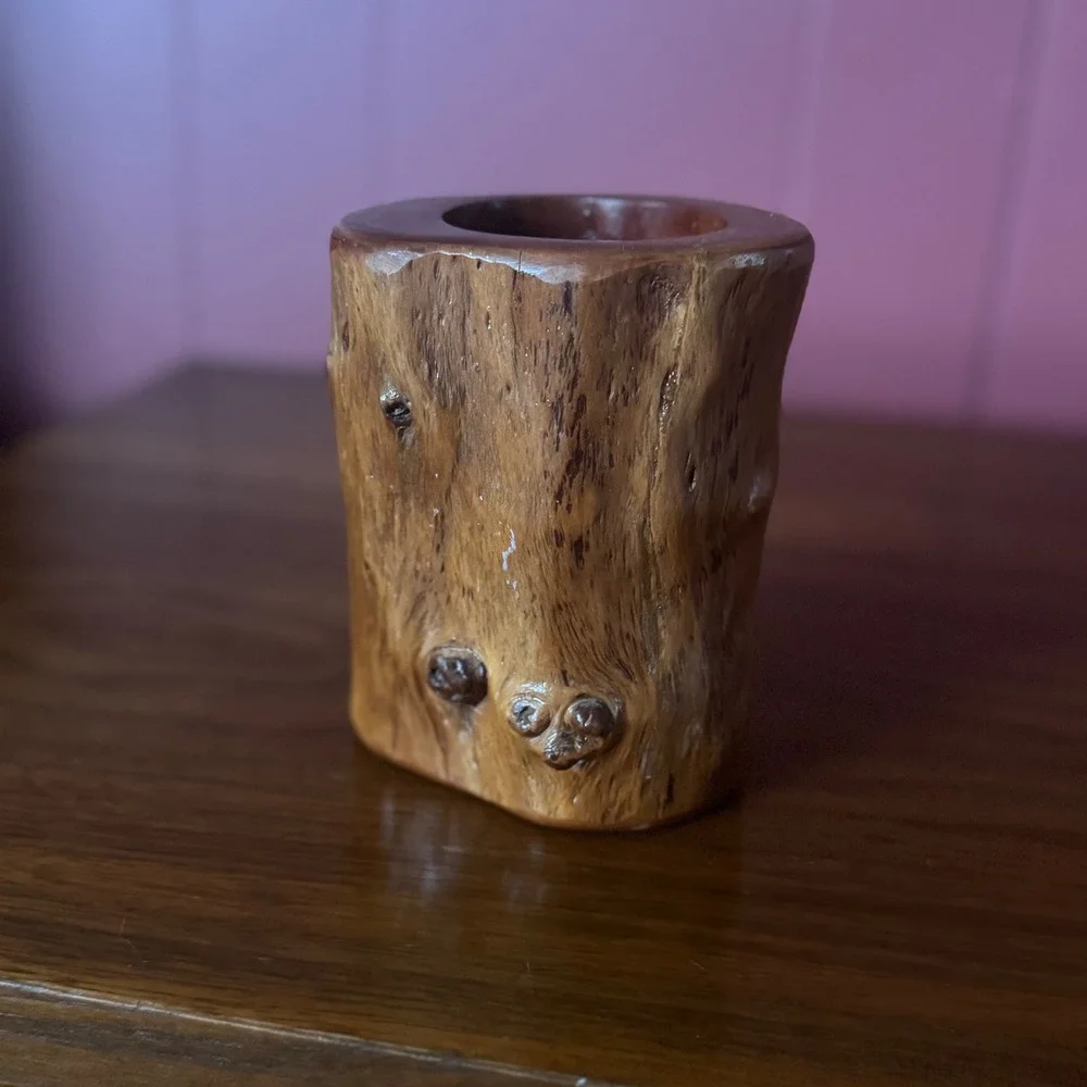 Vintage Rustic Hand Carved Wood Tree Log Vase Pencil Holder Cup Boho Cabin Decor